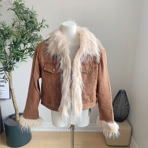 Brown Denim Faux Shearling Fur Trim Jacket Coat M NWT